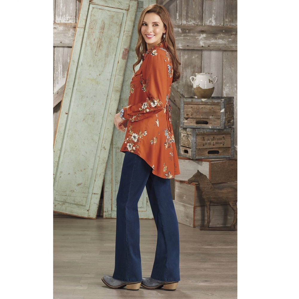 BACK IN THE SADDLE Women's Burnt Orange Clementine Floral Tunic Shirt